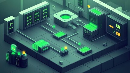 Obraz premium A futuristic control room with glowing green elements and technology interfaces.