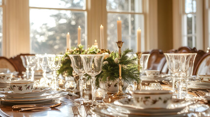 Fototapeta premium Elegant Holiday Dining Table Setting with Fine China, Crystal Glassware, and Festive Centerpiece Surrounded by Candles and Natural Light