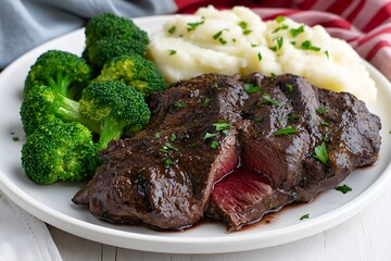 A plate featuring steak, mashed potatoes, and broccoli garnished with herbs.