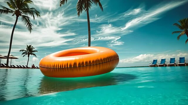 Bright orange float ring in a serene pool surrounded by palm trees and lounge chairs under a sunny sky