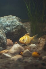 Serene Underwater Scene with Goldfish Among Rocks and Aquatic Plants