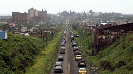Obraz premium A long road lined with cars, leading to a city skyline in the distance, amid urban decay.