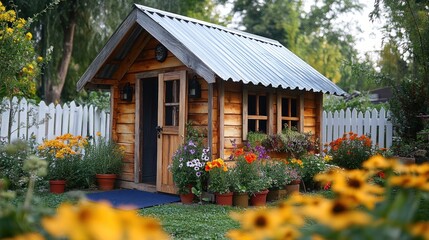 Charming wooden garden shed surrounded by colorful flowers.