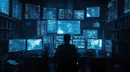 Fototapeta premium Hacker silhouetted against many computer screens displaying data and maps in a dark room.