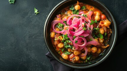 Top view of chole bhature with pickled onions, clean background, no people, copy space