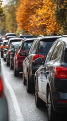 Naklejka premium A line of cars stuck in traffic on a road surrounded by autumn foliage.