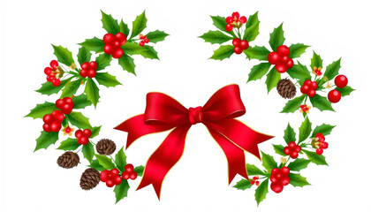 Christmas wreath adorned with holly berries, pinecones