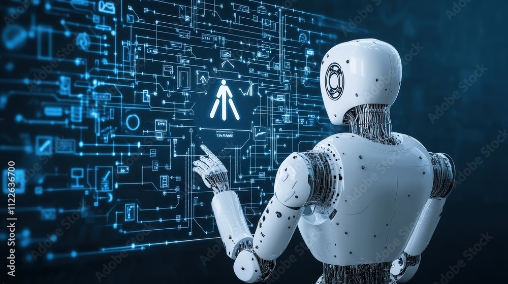 Aufkleber Futuristic Robot Analyzing Data in front of Technological Interface with Interactive Elements and Digital Connections in Sci-Fi Style Presentation