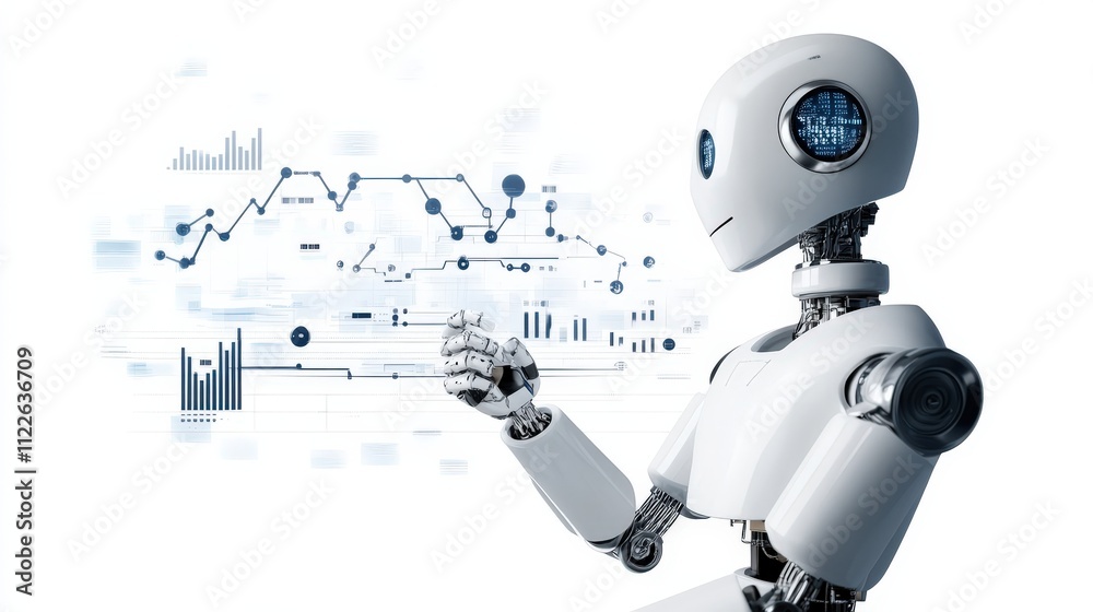 Aufkleber Futuristic humanoid robot interacting with digital data visuals, showcasing advanced artificial intelligence technology and automation in a modern conceptual design.