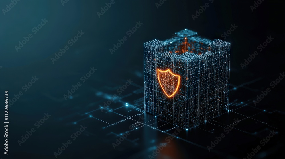 Poster Abstract digital shield icon composed of glowing lines and nodes, representing cybersecurity, data protection, and advanced technology in a futuristic environment