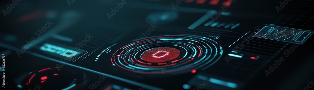 Poster Futuristic Digital Interface with Circular Patterns and Vibrant Colors Showcasing Technology and Design Concepts for Innovative Projects and Presentations