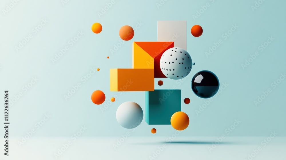 Aufkleber vibrant geometric shapes in dynamic composition with bright colors and soft shadows on light blue ba