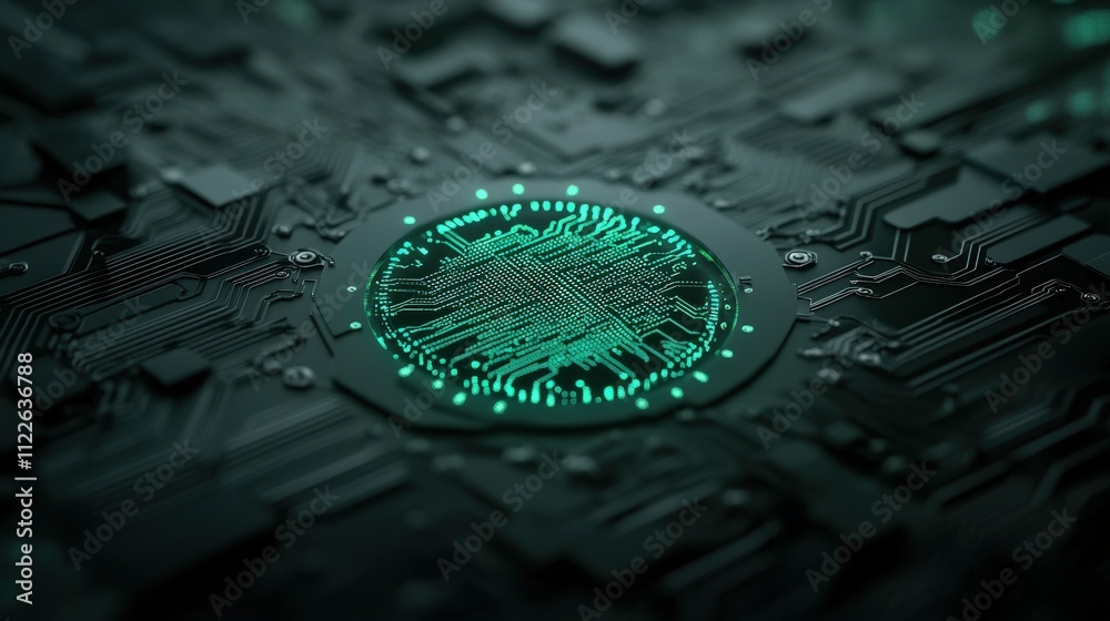 Poster Futuristic Digital Circuit Board with Glowing Green Microchip Center Surrounded by Complex Patterns and Intricate Lines in Dark Themed Technology Environment