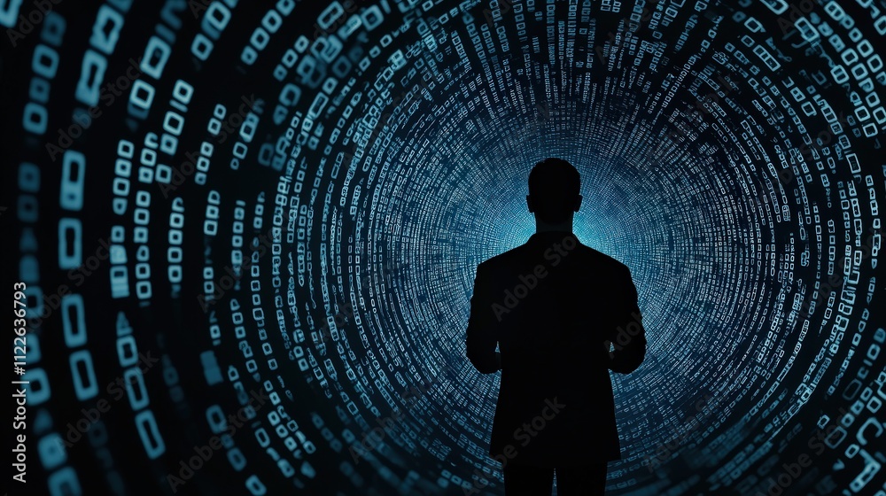Poster Silhouette of a Businessman in Front of a Binary Code Background Representing Data Analysis, Technology Advancement, and Digital Transformation Concepts