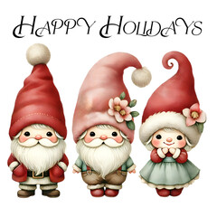 Adorable gnomes in watercolor style with the text "Happy Holidays," creating a cozy festive vibe..Illustration of holiday characters in red and green tones, perfect for cards and festive decorations