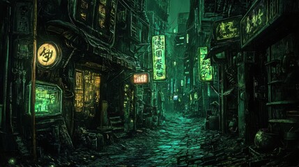Obraz premium Mysterious Urban Alleyway with Neon Lights and Dark Atmosphere