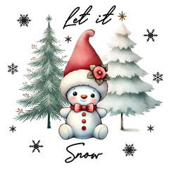 Cozy snowmen with the Christmas quote "Let It Snow" in a charming watercolor style..Illustration of winter snowmen, perfect for holiday cards, decorations, and festive settings