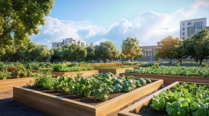 Fototapeta premium Vibrant community garden showcasing diverse vegetables in raised beds near urban area