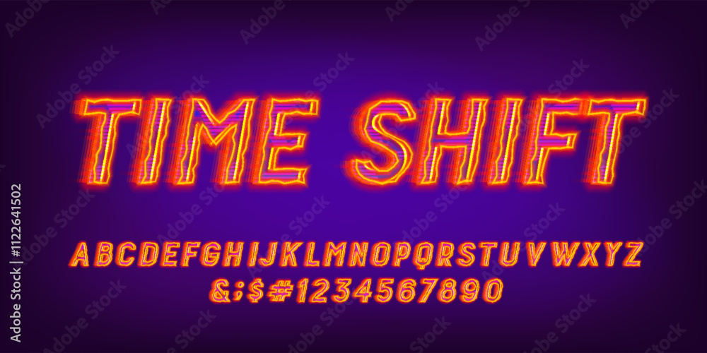 Poster time shift alphabet font. neon light letters and numbers with a speed effect. stock vector typeface 