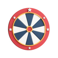 Obraz premium A circular game wheel featuring alternating blue and white sections, adorned with stars and a vibrant red border, white background, transparent background.