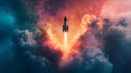 Obraz premium spacecraft launches through vibrant nebula, surrounded by colorful clouds and cosmic elements, creating sense of adventure and exploration