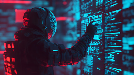 futuristic astronaut interacts with glowing data displays in high tech environment, showcasing advanced technology and exploration