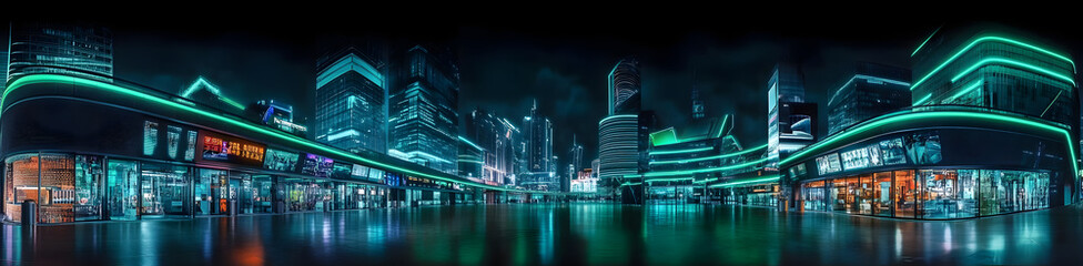 Obraz premium Futuristic Cityscape with Green and Blue Neon lights. Night scene with Futuristic Architecture.