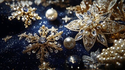 Celestial Sparkle: A luxurious arrangement of gold and silver snowflakes, pearls, and glittering embellishments on a deep navy blue background.  A captivating image evoking elegance and winter wonder.