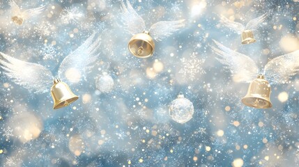 Enchanted Winter Bells:  Feathery white wings adorn golden bells, gently floating through a shimmering winter wonderland of sparkling snowflakes and soft blue hues.