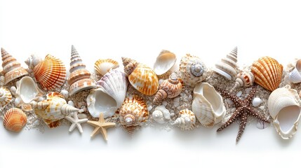 Seashells and Starfish Border on White Sand Summer Beach Theme Stock Photo
