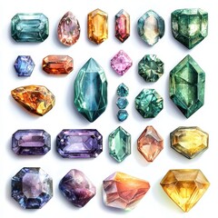 Fototapeta premium Collection of 24 Vibrant Hand-Painted Gemstones Emerald, Sapphire, Ruby, and More - High-Resolution Stock Image