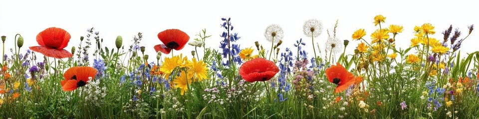 Obraz premium Vibrant Wildflower Meadow Panorama Red Poppies, Bluebells, Yellow Flowers & Dandelions on White Background - Spring Floral Border