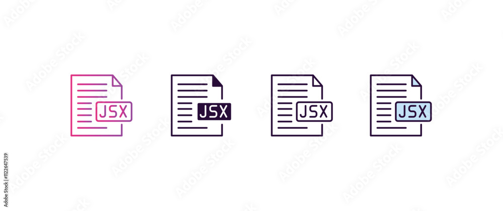 Poster jsx gradient, line, filled, colored icon. editable vector from programming concept. four different s
