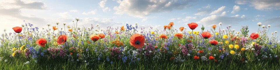 Obraz premium Vibrant Wildflower Meadow Panorama Blooming Poppies, Bluebells, and a Rainbow of Summer Flowers Under a Sunny Sky