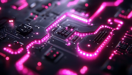 Obraz premium Futuristic Circuit Board with Pink Neon Lights