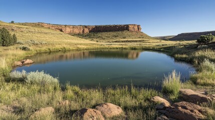 Fototapeta premium Serene landscape featuring a calm pond surrounded by grass and rocky formations under a clear sky.