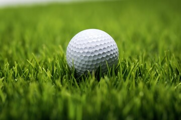Obraz premium A close-up of a white golf ball nestled in lush green grass, highlighting the texture and detail of both the ball and the surrounding turf.