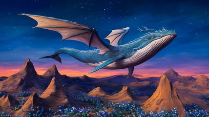 A mythical sky whale with a dragon-like body and wings. It is flying above a mystical mountain range with multiple peaks. The sky is a deep blue and the mountains are a vibrant orange and purple. The 