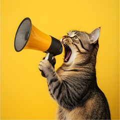 Fototapeta premium Cat yelling into a megaphone. A call to action concept. 
