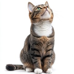 Obraz premium Adorable Tabby Cat Sitting and Looking Up, Isolated on White Background - Perfect Pet Portrait for Websites, Blogs, and Print