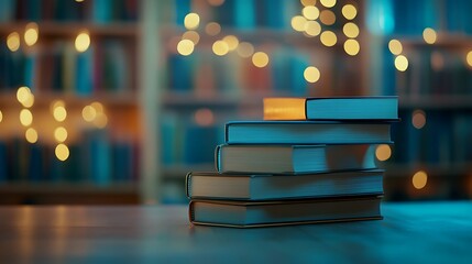 Books on wooden table and blurred library background, education and reading concept