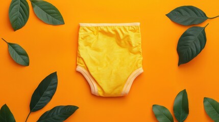 eco-friendly products compostable concept. Bright yellow diaper surrounded by green leaves on an orange background.