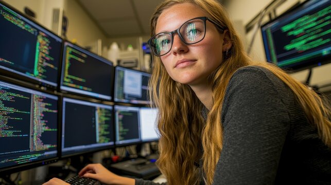 A focused programmer works at multiple monitors filled with code, showcasing a modern tech environment and dedication to software development.,Women in Technology Fields concept