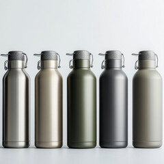 A row of five sleek, metallic water bottles in varying colors, showcasing a modern design ideal for...