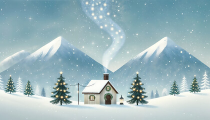 Naklejka premium Christmas trees landscape with house