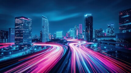 Fototapeta premium Vibrant Night Cityscape with Light Trails and Modern Skyscrapers