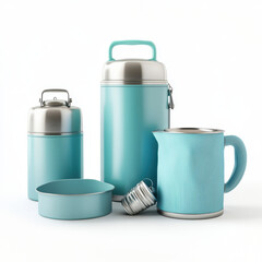 Obraz premium A collection of turquoise containers including a thermos, lunchbox, and pitcher, ideal for food and beverage storage.