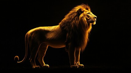 Obraz premium An image made using only the same shade of golden yellow of a lion against a black background. The lionâ€™s powerful mane and regal posture radiate strength and authority