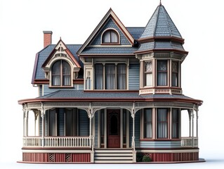 Fototapeta premium Victorian-Style House Architectural 3D Render Grand Two-Story Home with Wrap-Around Porch and Turret