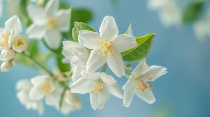 Obraz premium close up shot white jasmine flowers on a blue background with a soft focus bokeh light